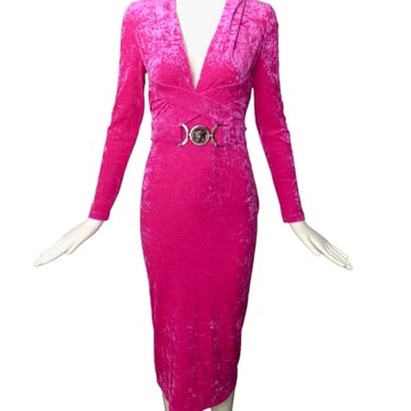 VERSACE- NWT 2023 Fuchsia Crushed Velvet Hoodie Dress, Size-2