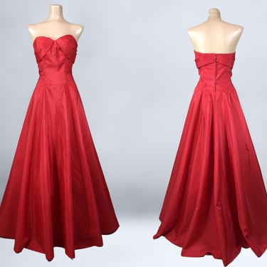 VINTAGE 50s Red Taffeta Strapless Petal Bust Cotillion Ball Gown Formal Dress | 1950s Long Full Prom New Look Dress | VFG 