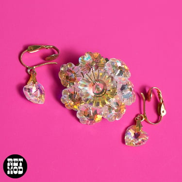 Absolutely Brilliant Vintage Iridescent Brooch & Heart Earring Set 