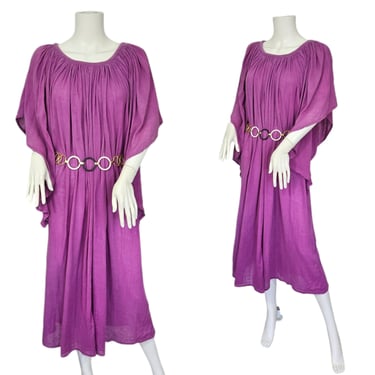 1980's Purple Cotton Gauze Caftan Dress I Angel Wing Sleeves I Sz Med 