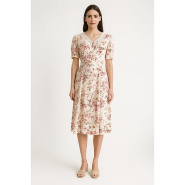 cottagecore dress white pink floral 90s vtg lace collar midi dress size S 