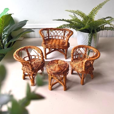 Vintage 1990s Mini Wicker Furniture Set, Boho Dollhouse Chairs & Table, Woven Rattan Toy Bench and Bistro Set, Barbie Scale, Display Props 