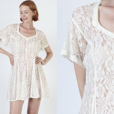 White Sheer Lace Grunge Dress, Vintage 90s See Through Gypsy Sundress, Lightweight Baggy Indie Rock Mini Dress 