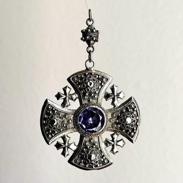 Impressive Vintage 950 Silver Color Change Sapphire Jerusalem Cross Pendant 38g 