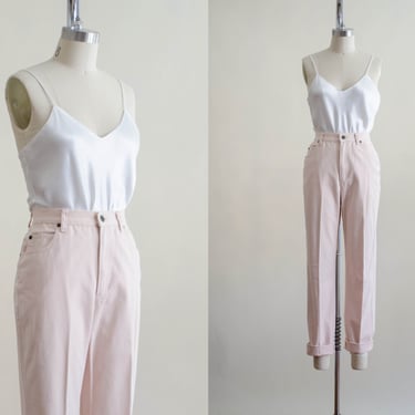 high waisted pants | 80s 90s vintage pastel pale blush pink cottagecore slim cut mom jeans 