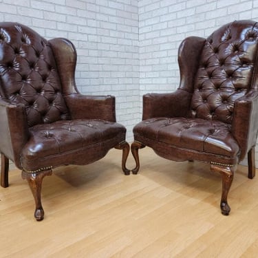 Vintage Queen Anne Style Tufted Leatherette Wingback Chairs - Pair