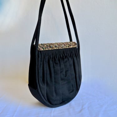 1940's Guild Original Black Wool Evening Purse with Gold Gem Frame Top Handle Rockabilly Swing Cocktail Party 40's Handbags 