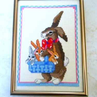 Easter Cross Stitch 5x8 Framed Bunny - Rabbit Decor~ Hand Embroidery Easter Decor Wall Hanging gold frame~ 