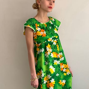 70s barkcloth Hawaiian maxi dress / vintage green tropical floral empire babydoll maxi sundress house muu muu dress | Small 