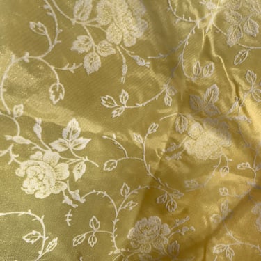 Vintage 46" Yellow Sheer Chiffon Fabric with White Flocked Roses Remnant 25 inches long 
