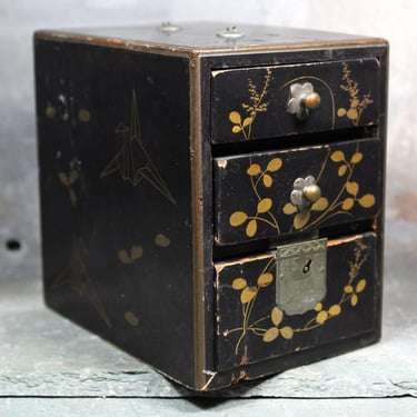 Black Lacquered 3 Drawer Jewelry Box | Origami Design Elements | Black Lacquer with Gold Paint | Missing Key to Bottom Drawer 
