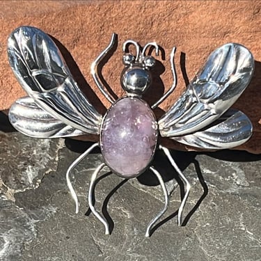 Vintage Mexico Silver and Purple Amethyst Stone Large Bug / Insect Pin / Brooch c. 1940's 