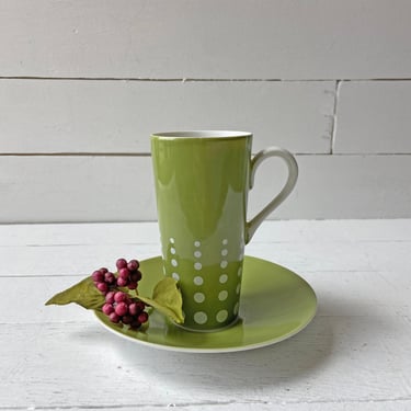Vintage Olive Green White Polk Dot Tea Cup And Saucer // Midcentury Modern Green Tea Cup // Perfect Gift 