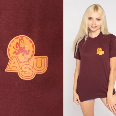 ASU T-Shirt 80s Arizona State University Shirt Sun Devils Graphic Tee Retro AZ College Tshirt Burgundy Single Stitch Vintage 1980s Small S 