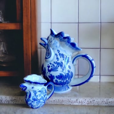 Artisan Blue and White Ceramic Rooster Pitchers Traditional Handmade Blue White Rooster Jugs Collectible Blue White Rooster Design Pitchers 