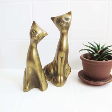 Mid Century Brass Cat Figurines Set of 2 - 1960s 70s Cute Kitty Gold Statues - Retro Cat Lover Gift 
