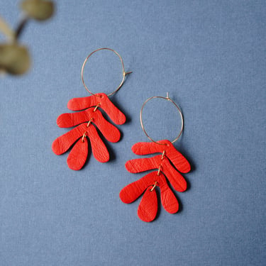 Botanical Leaf Hoop Earrings in Red - Oak Leaf Leather Statement Earrings on 14K Gold-Plated Hoops or Hooks 