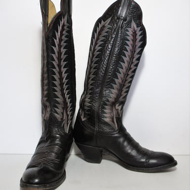 Vintage Tony Lama Cowboy Boots, 8 Women, black leather, knee high 