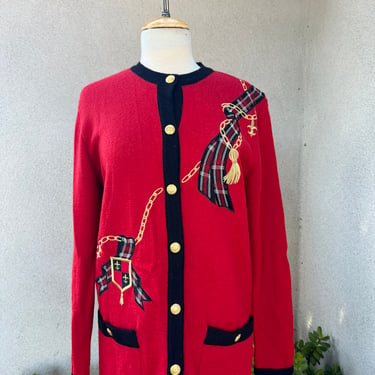 Vintage Doncaster preppy red black gold cardigan sweater plaid accents Sz Small 