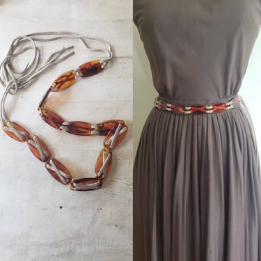 1960s Hippie Belt Sash Tie Tortoiseshell Lucite / 60s Brown Geometric Suede Leather Rope Belt Boho Adjustable / Arcadia 