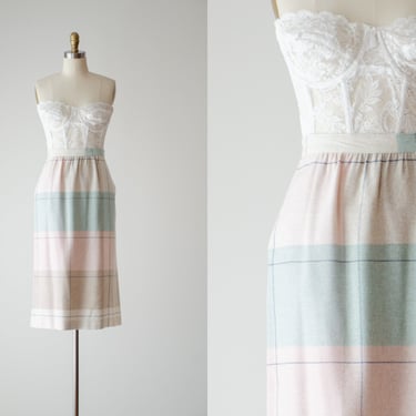 pastel plaid skirt | 70s 80s vintage blush pink turquoise plaid wool knee length skirt with pockets 