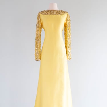 Dramatic 1960's Malcolm Starr Daffodil Yellow Shantung Silk Beaded Evening Gown / ML