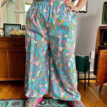 LBV Handmade 60’s Structured Cotton Spring Paisley Easter Basket Double Elastic Waistband Wide Leg Palazzo Pants 4X