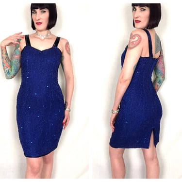 Vintage 1990s Cobalt Blue Beaded Sweetheart Neckline Hourglass Micro Mini Dress - size Medium 