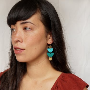 HIGHTIDE - Two-tone Tiered Halfmoon Leather Earrings in Teal with Brass Charms - Reclaimed Leather Earrings 