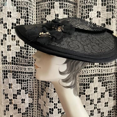 vintage 1940s black lace platter hat, wide brim 40s millinery, film noir, saucer 