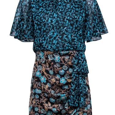 MISA Los Angeles - Black & Teal Print Upper w/ Multi Color Floral Bottom Dress Sz S