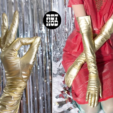 AMAZING Vintage 60s 70s Gold Lamé Long Mod Space Age Gloves 