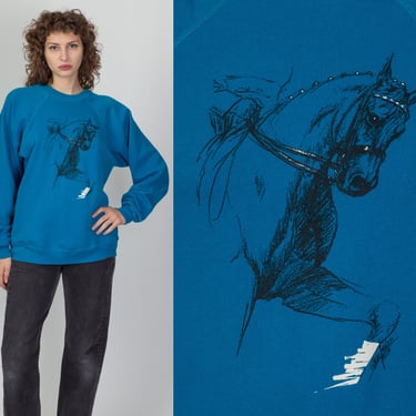 90s Horse Lover Art Print Sweatshirt - Extra Large | Vintage Blue Illustration Raglan Sleeve Graphic Animal Pullover 