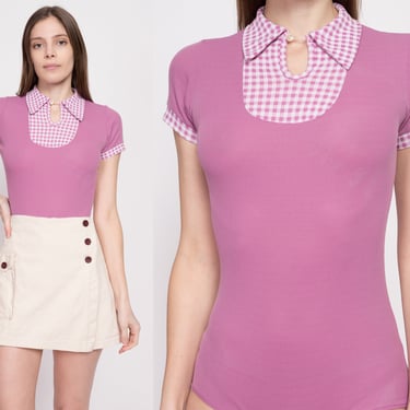 60s 70s Purple Gingham Bodysuit Top - Small | Vintage Ribbed Short Sleeve Collared Shirt 