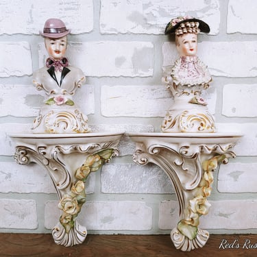 Vintage Cordey Man and Woman Figurine Ceramic Wall Shelf Sconces 
