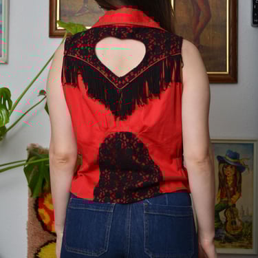 Adobe Rose Vintage 90s Western Blouse – Red & Black Lace Fringe Top with Heart Cutout Back – Country Cowgirl Y2K Rodeo 