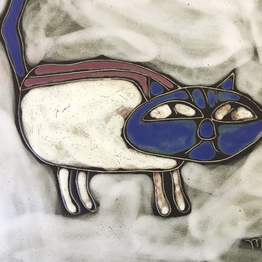 Vintage Ceramic Cat Tile Art Wall Hanging Or Trivet, Folk Art Cat By Mara Fine Art Stoneware, Mexico, Boho Cat 