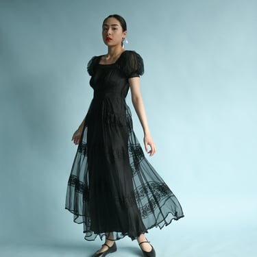 3281d / 1930s black sheer lace puff sleeve dress 
