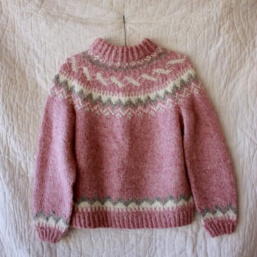 Vintage Icelandic Wool Pink and Gray Fair Isle Mock Neck Sweater Size S 