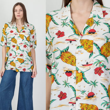 90s Tropical All-Over Print Aloha Shirt - Men's Large | Vintage Hawaiian Banana Island White Button Up Collared Top 