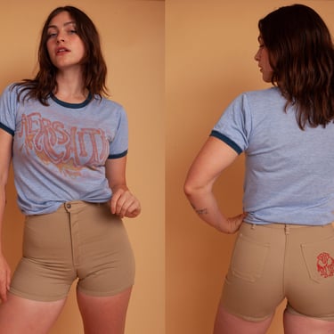 Vintage 70s Embroidered Camel Cigarettes High Waisted Booty Tan Shorts 