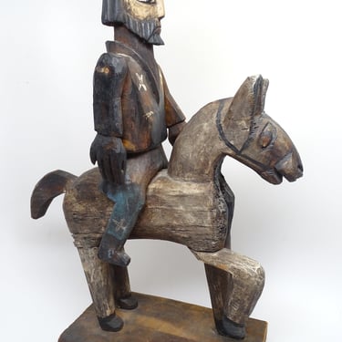 Large Antique Saint James the Apostle on Horse Santos Carving, Santiago Matamoros Wood Sculpture, Vintage Primitive Mexican Folk Art 