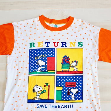 Vintage 90s Snoopy T Shirt, 1990s Peanuts Tee, Save The Earth, Earth Day, Short Sleeve, Graphic, Ringer, Recycle 