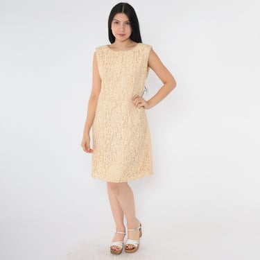 Vintage 60s Lace Party Dress Cream Cocktail Mini 1960s Mod Shift Sixties Formal Evening A-Line Mad Men Sleeveless Medium M 