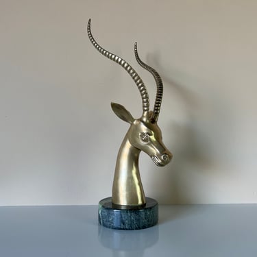 Vintage Brass Antelope Head Sculpture on Marble 