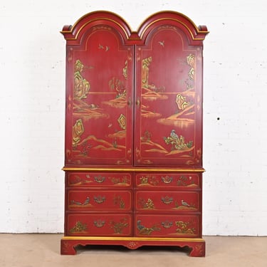 Mario Buatta for John Widdicomb Hollywood Regency Chinoiserie Red Lacquered Armoire or Bar Cabinet