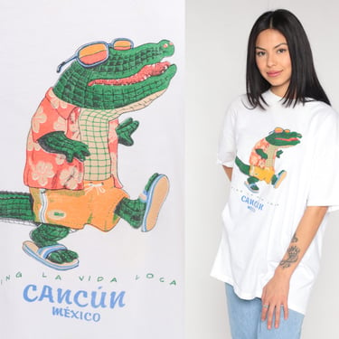Cancun T-Shirt 90s Mexico Shirt Crocodile Alligator Graphic Tee Living La Vida Loca Travel Souvenir Tourist TShirt White Vintage 1990s XL 