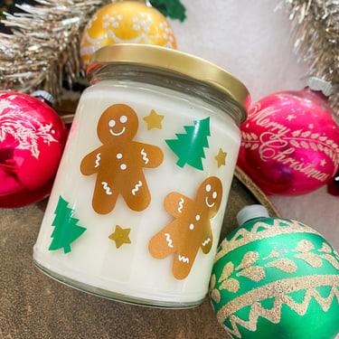 Hand Poured Soy Candles. Gingerfriend. Gingerbread People + Trees + Stars Pattern. 