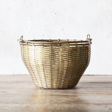 Woven Brass Basket Bowl, Vintage Solid Brass Basket with Handle 