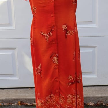 Vintage 1990s A-Line Maxi Shirt Dress Floral Print Orange Made in Canada Algo A-Line Size 6 